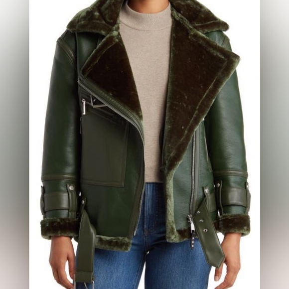 Rebecca Minkoff Oversized Faux Leather Moto Jacket With Faux Shearling Lining - Picture 1 of 9